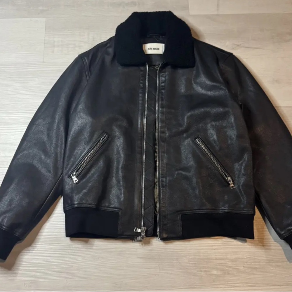 Buck Mason Black Leather Bomber Jacket Shearling